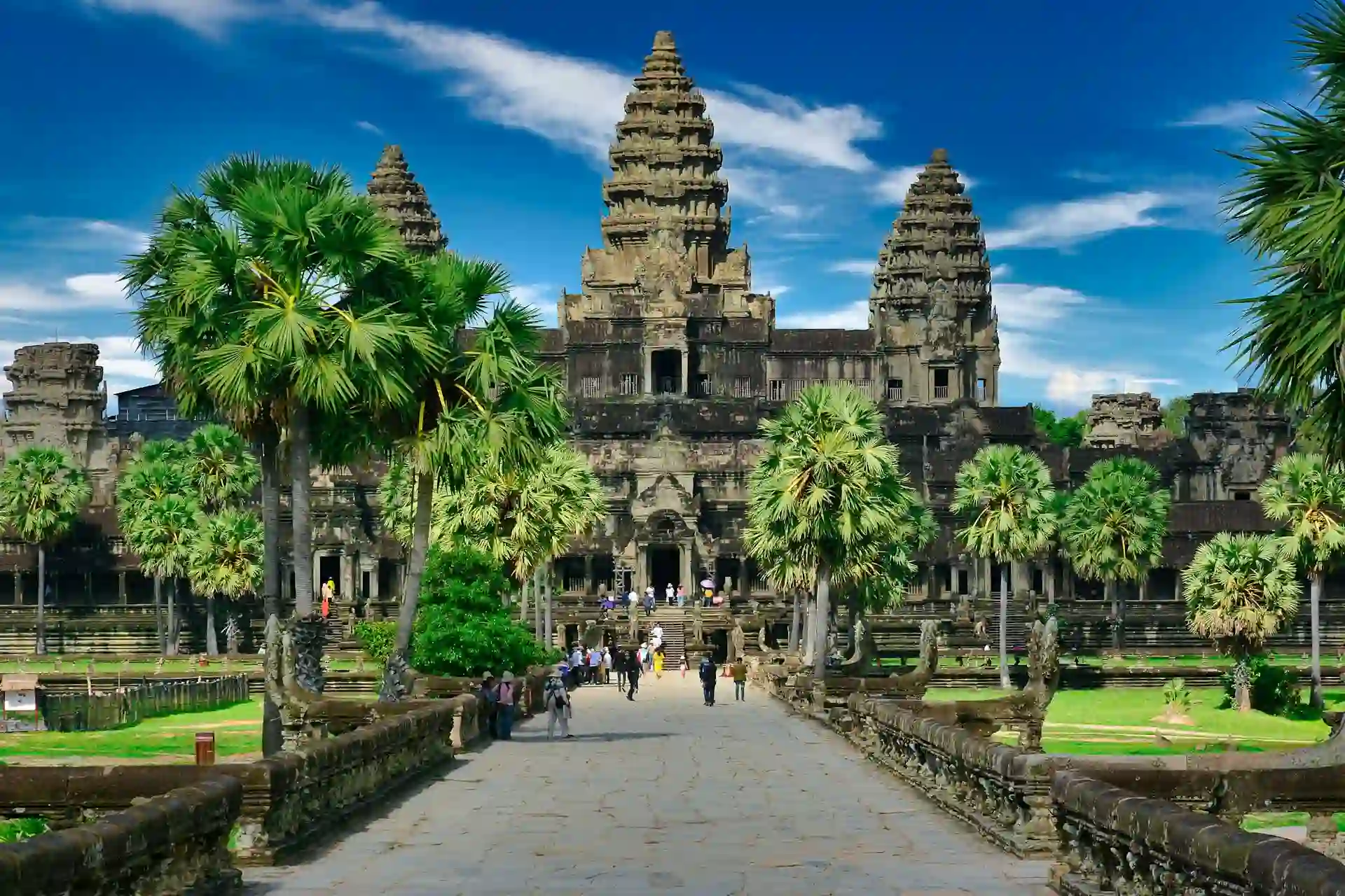 Travel guide to Cambodia featuring Angkor Wat temple complex from above