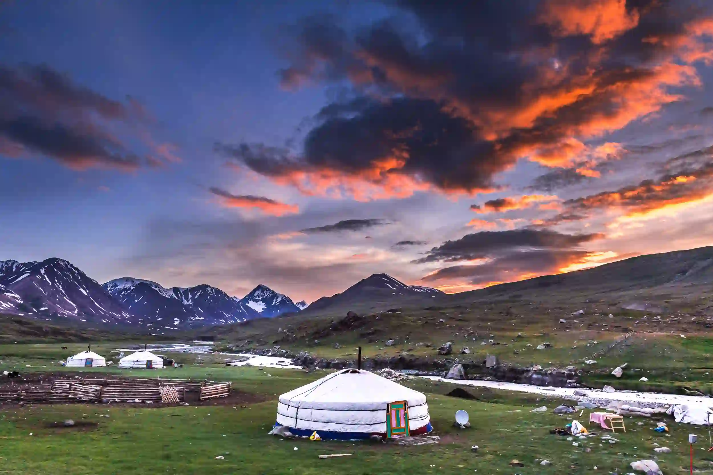 Travel guide to Mongolia featuring traditional felt ger tents pitched across the open steppe