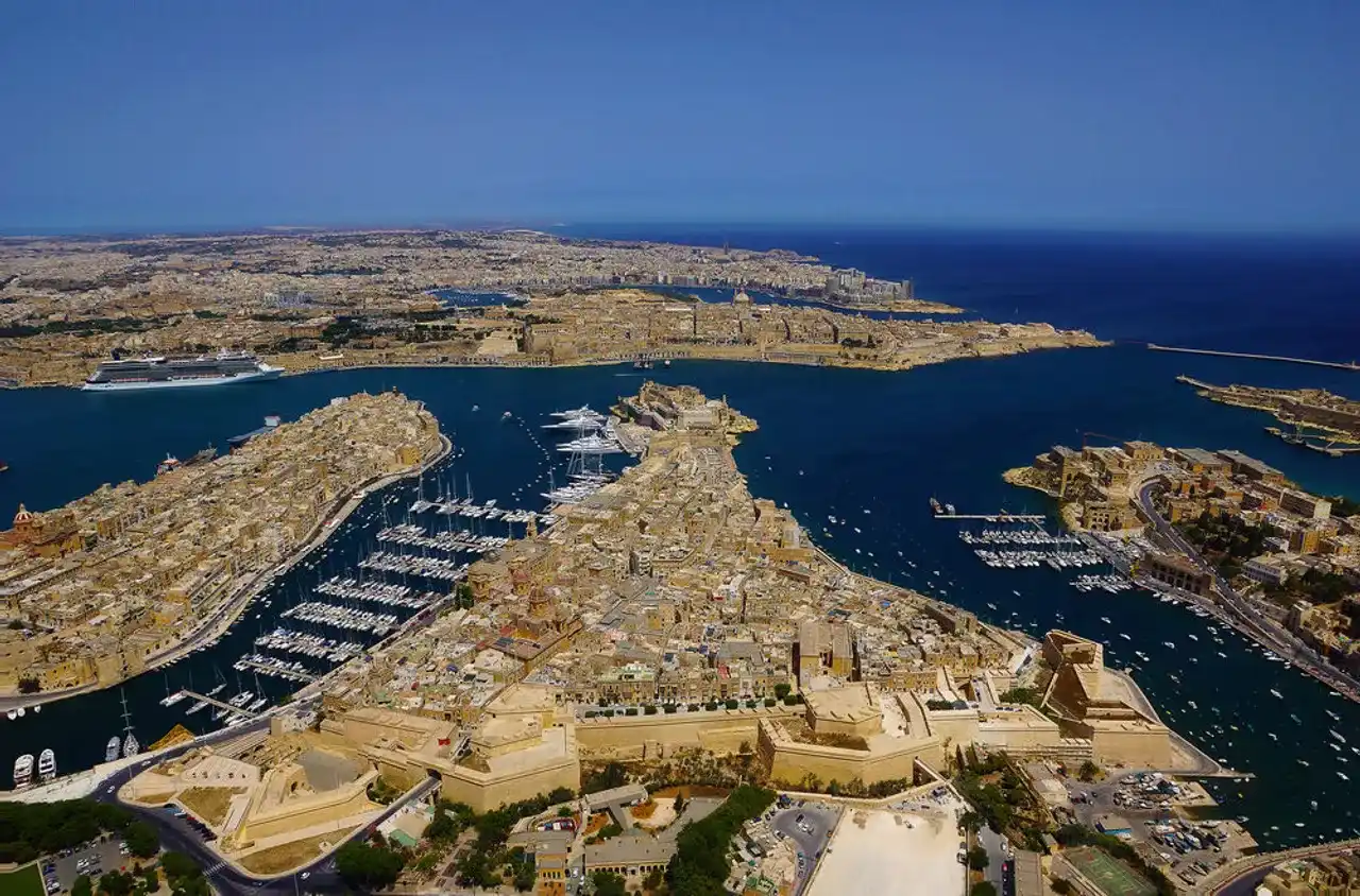Travel guide to Malta featuring the panoramic view of Valletta and Grand Harbour