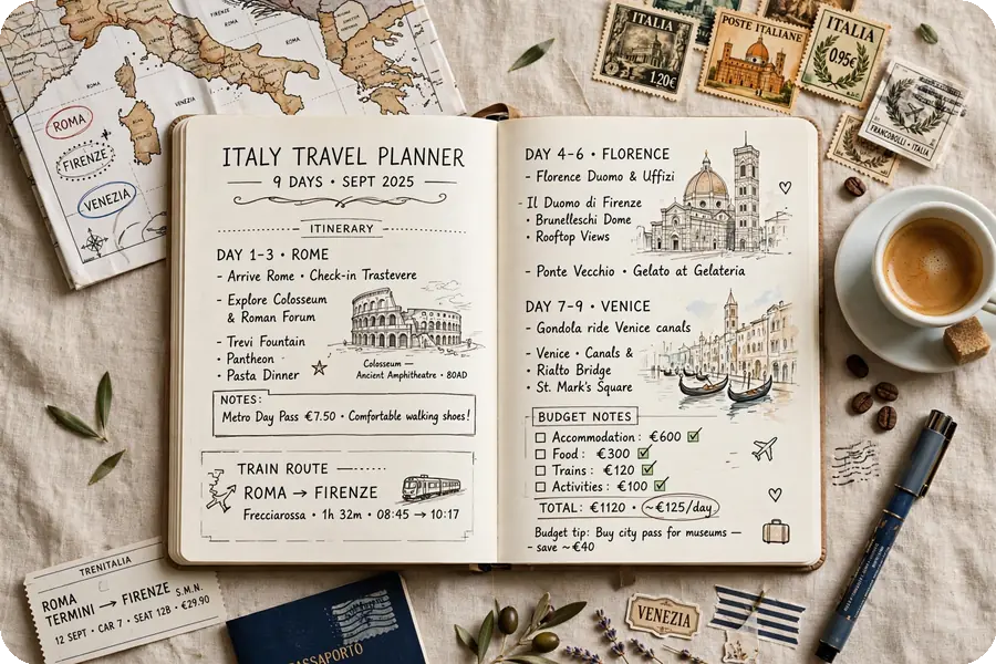 Italy travel planner workbook