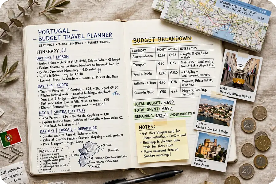 Portugal budget travel planner workbook