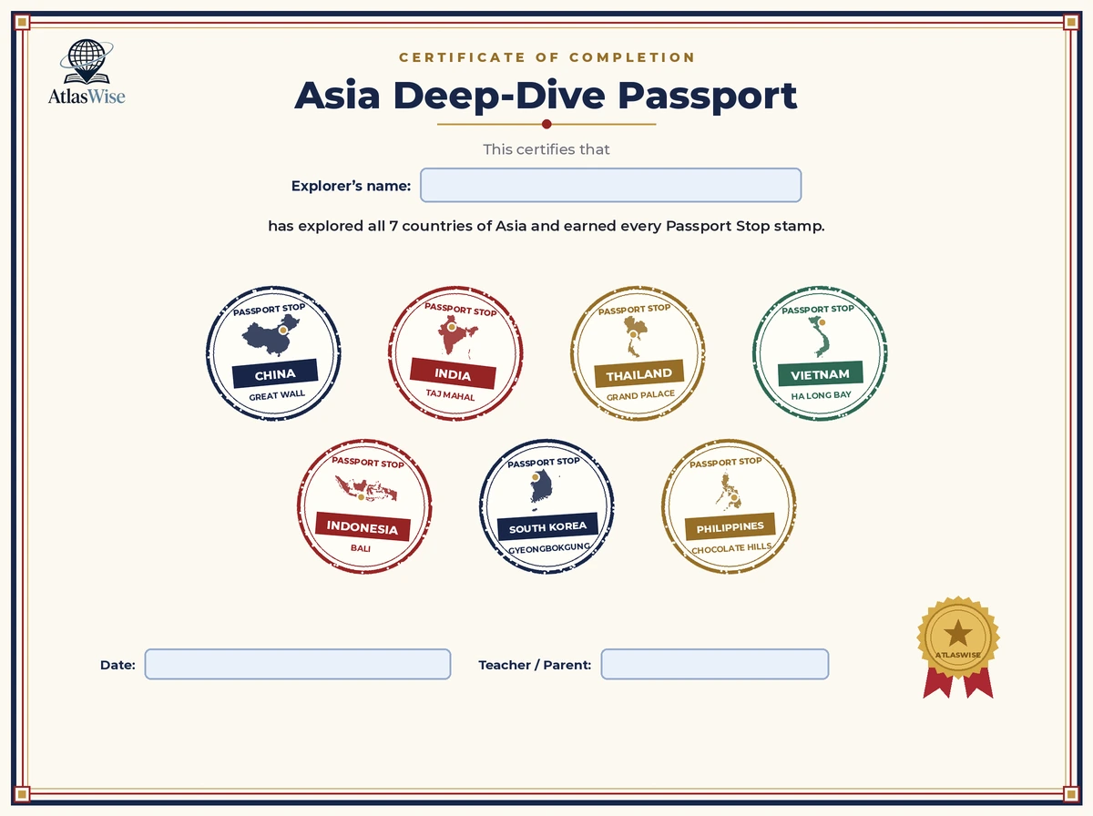 Asia geography worksheets passport completion certificate with 7 country stamps