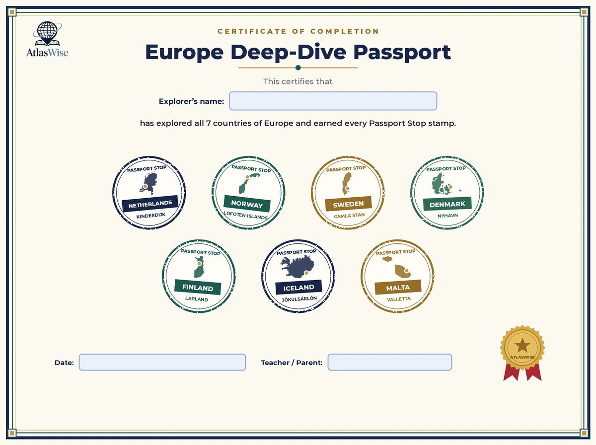 Europe geography worksheets passport completion certificate with 7 country stamps