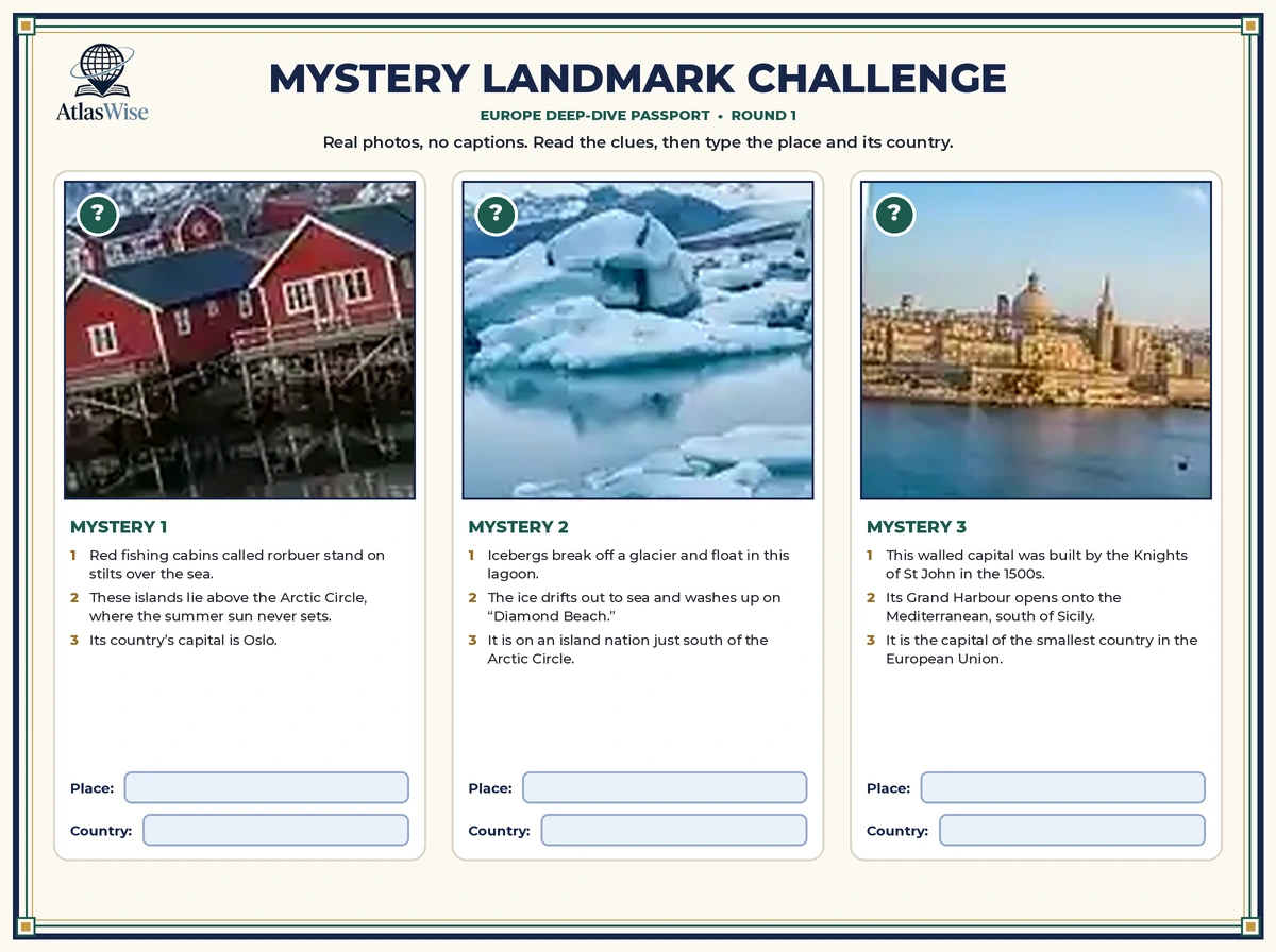 Mystery Landmark Challenge from the AtlasWise Europe geography worksheets