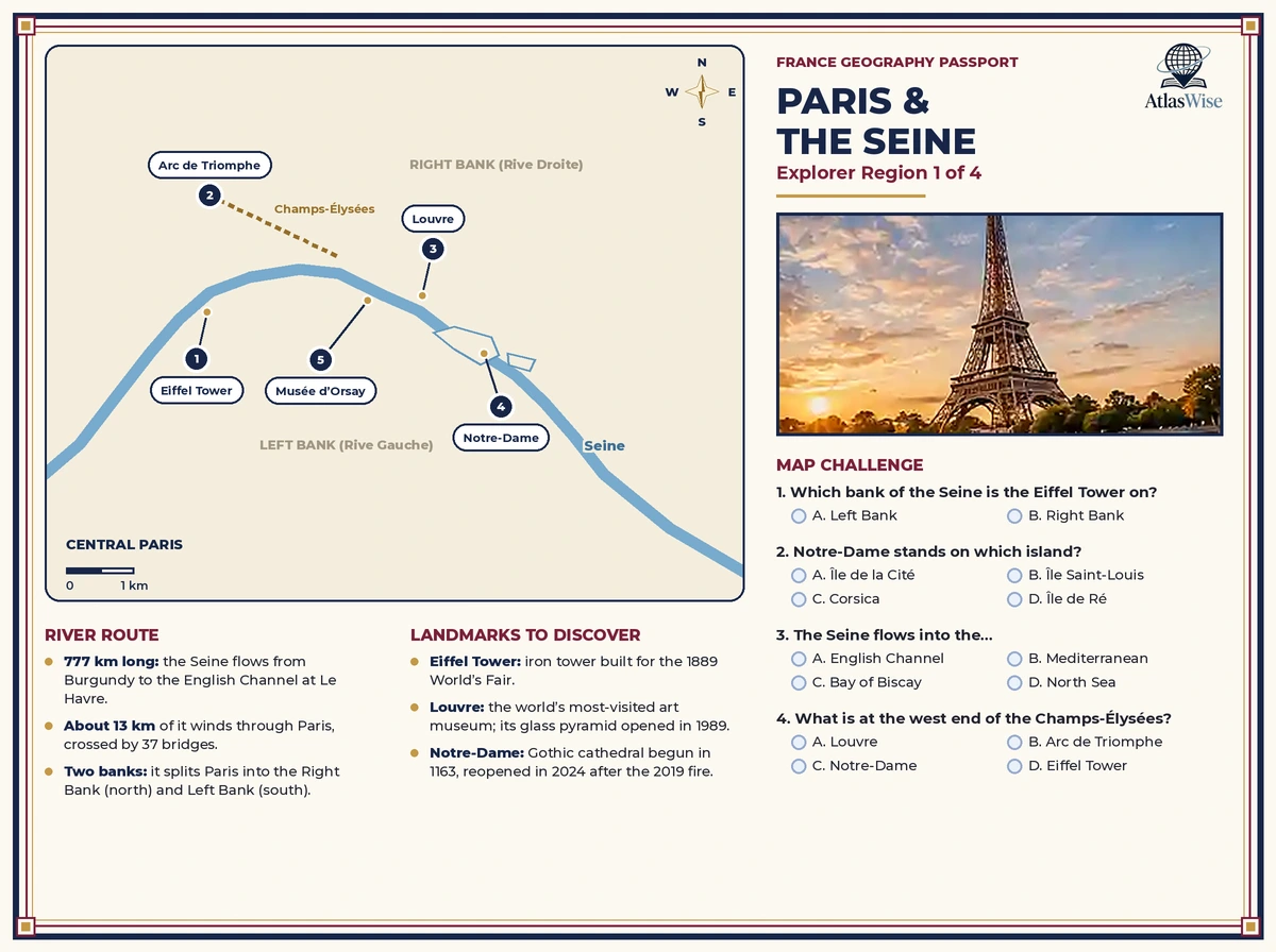 France geography worksheets – Paris and the Seine Explorer Region page