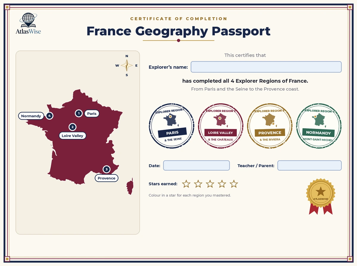 France geography worksheets passport completion certificate for grades 4-8