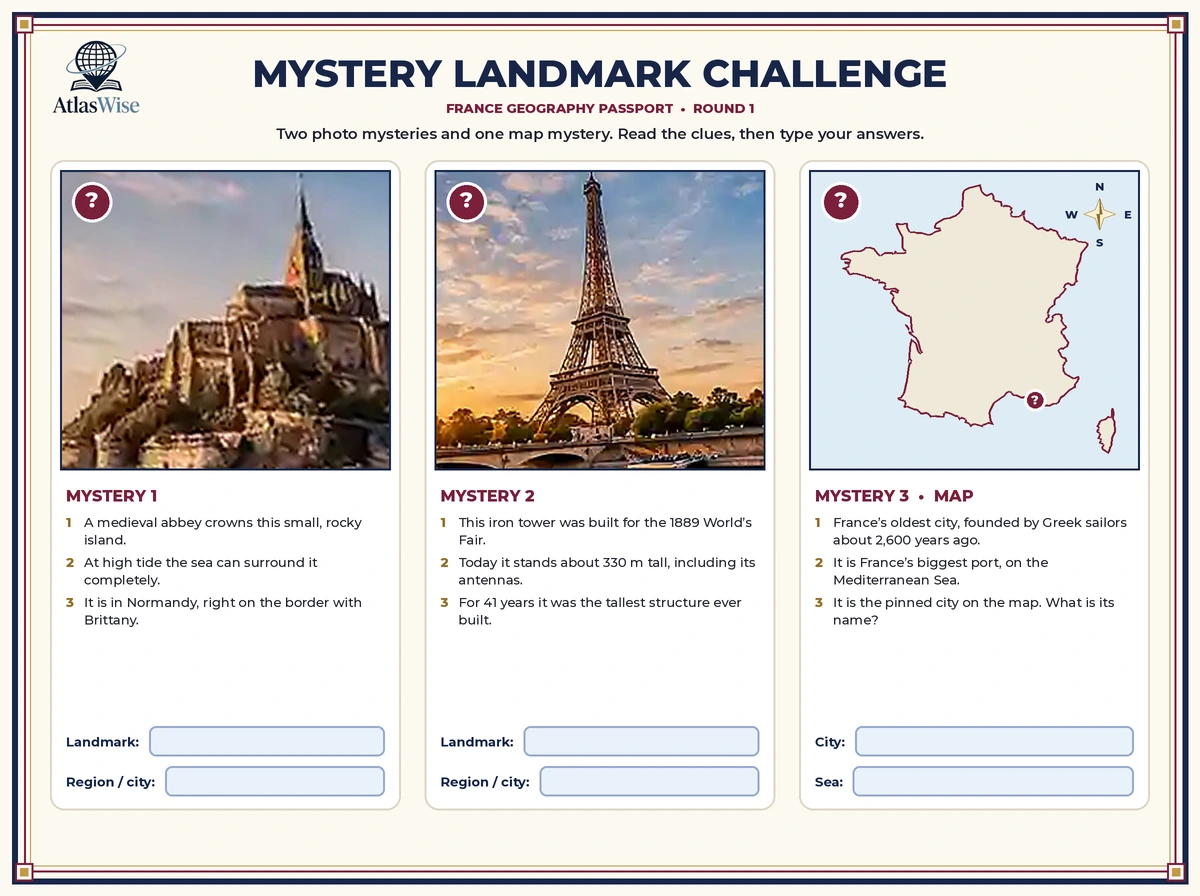Mystery Landmark Challenge from the AtlasWise France geography worksheets