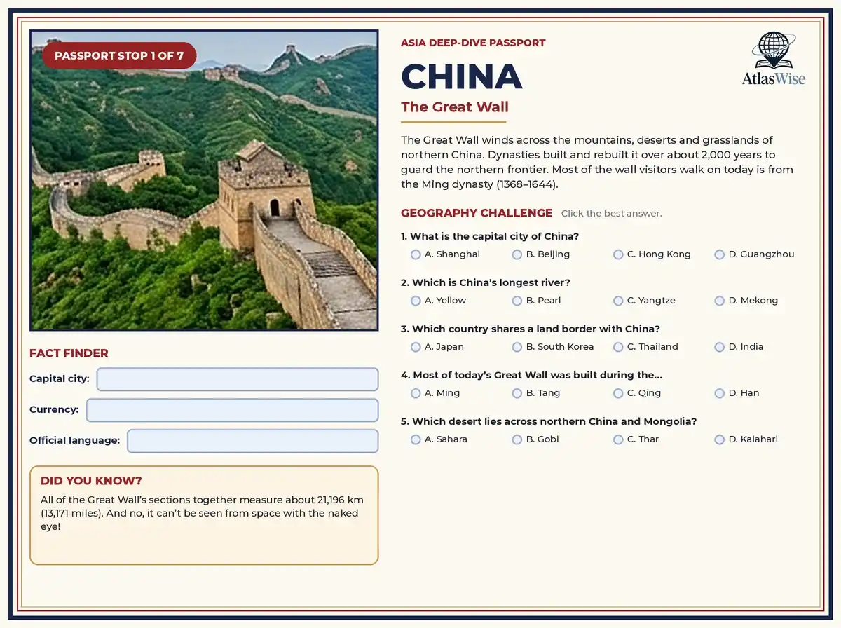 Asia geography worksheets – China Passport Stop page with the Great Wall