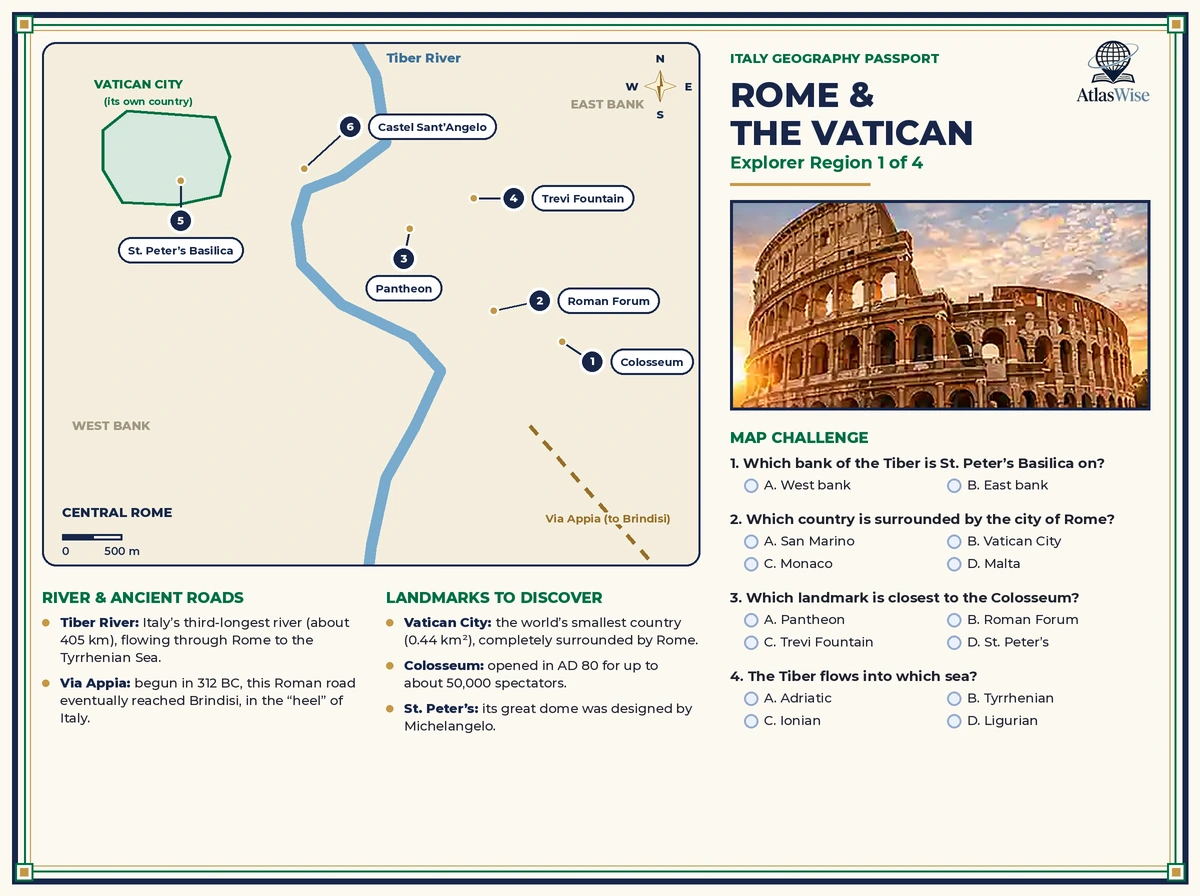 Italy geography worksheets – Rome and the Vatican Explorer Region page