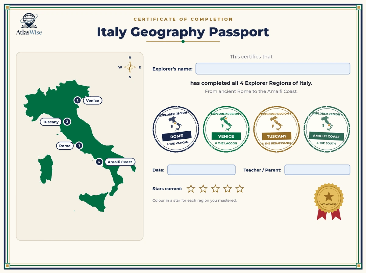 Italy geography worksheets passport completion certificate for grades 4-8