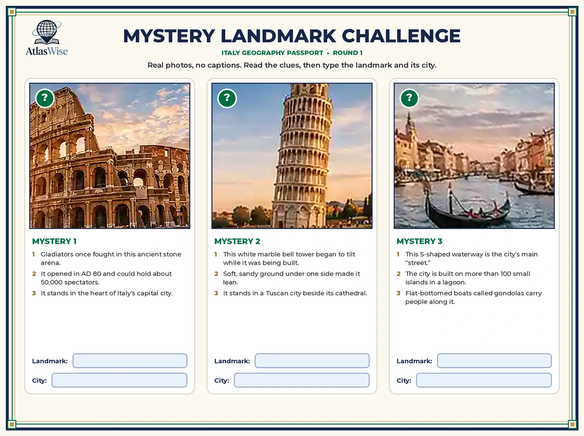 Mystery Landmark Challenge from the AtlasWise Italy geography worksheets