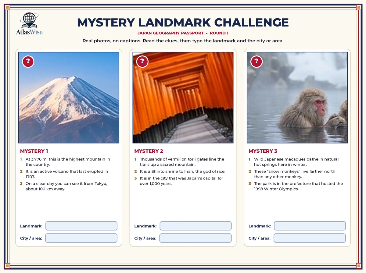 Mystery Landmark Challenge from the AtlasWise Japan geography worksheets