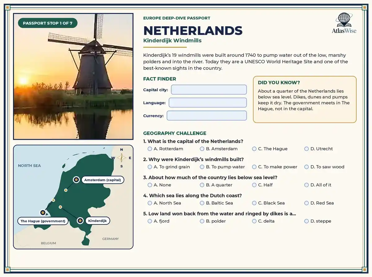 Europe geography worksheets – Netherlands Passport Stop page with Kinderdijk windmills