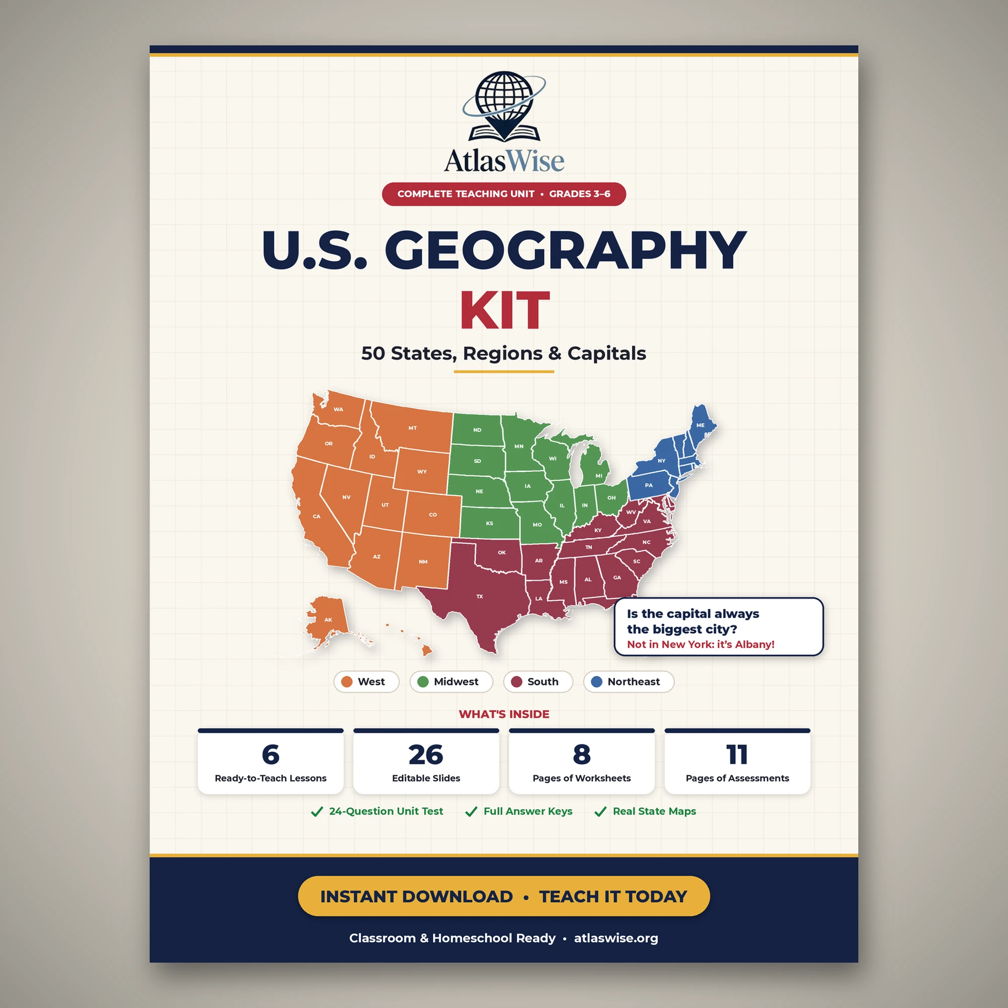 US 50 states and capitals unit – AtlasWise U.S. Geography Kit