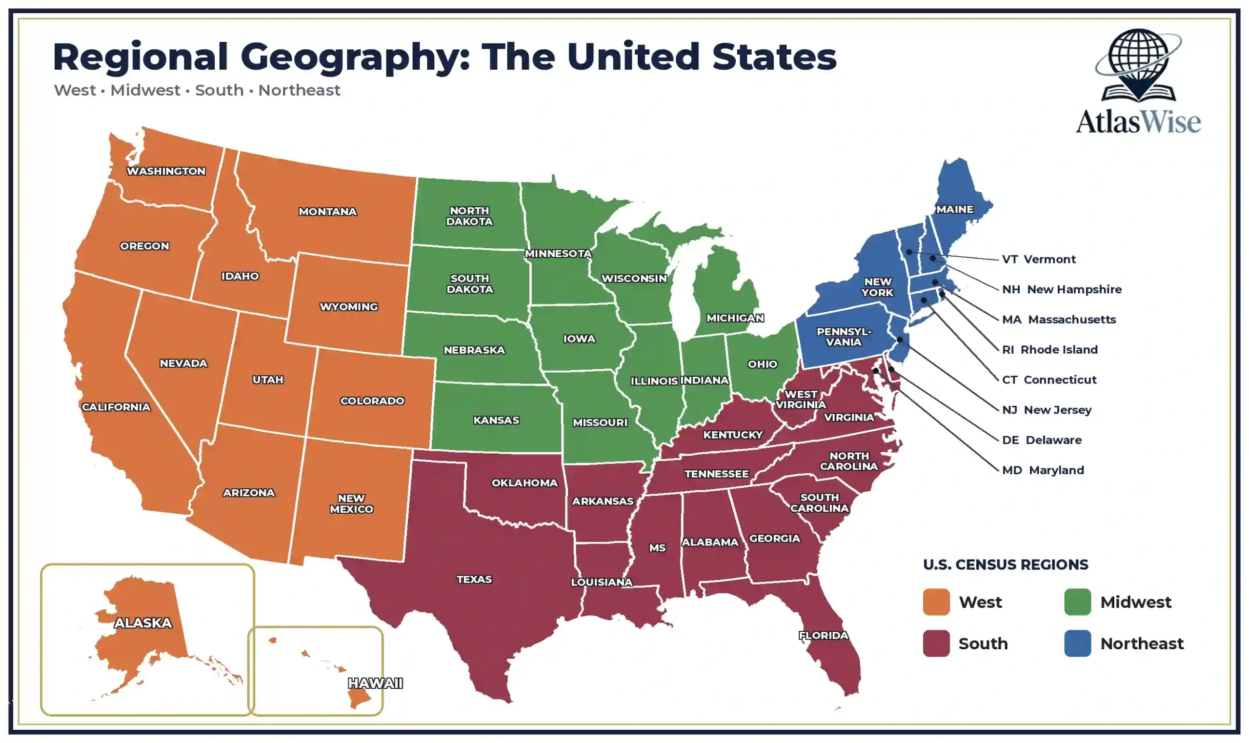 U.S. 50 states and capitals unit – Teaching Slides region map with Alaska and Hawaii insets