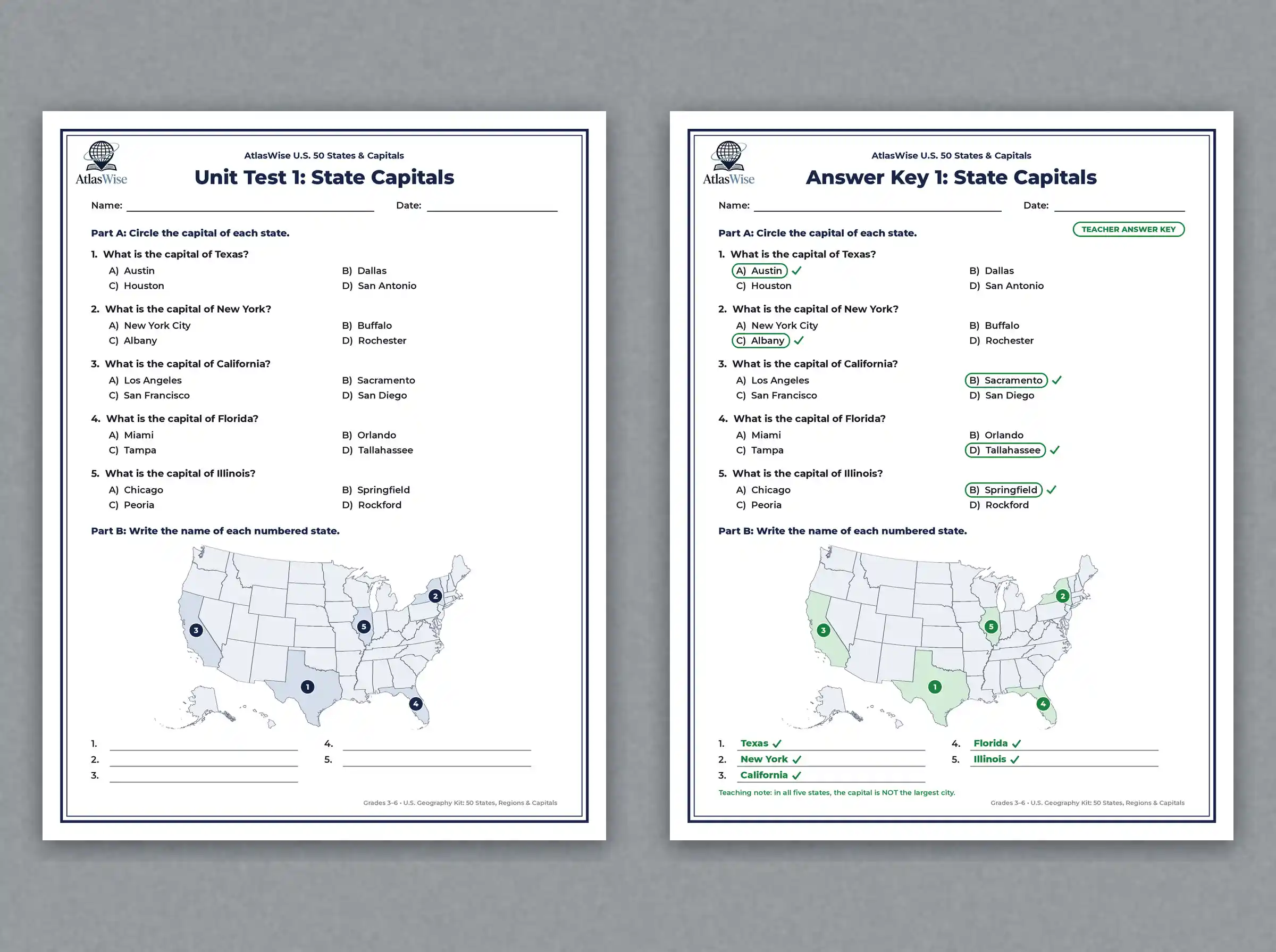 U.S. 50 states and capitals unit – state capitals unit test and teacher answer key with U.S. map