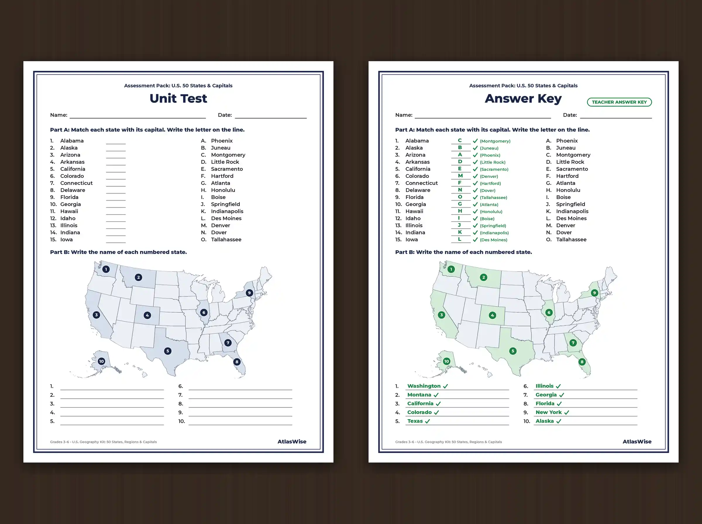U.S. 50 states and capitals unit – Assessment Pack unit test and answer key