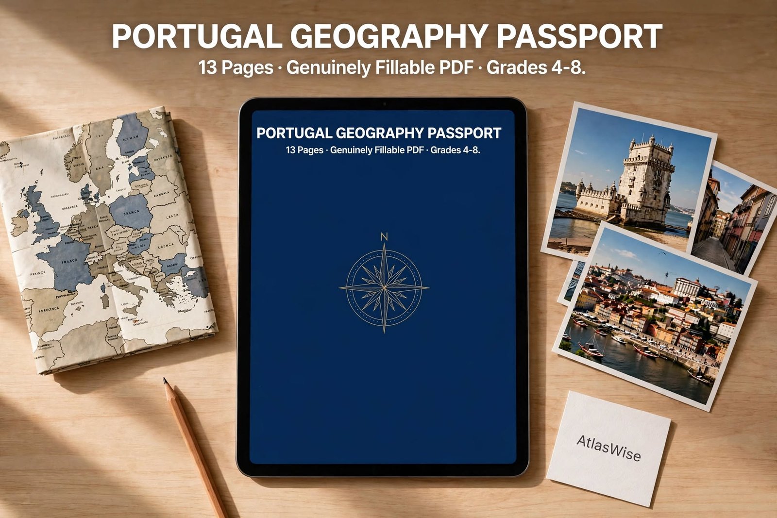 Portugal Geography Passport completion certificate with star stamps next to teacher answer key page